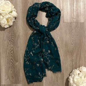 Teal Scarf with White & Gray Flowers